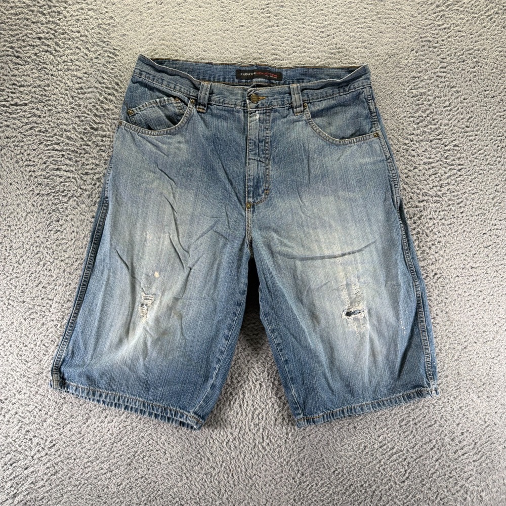 Vintage FUBU Short Men 38x14 Blue Cotton Denim Bermuda Workwear Distressed Baggy